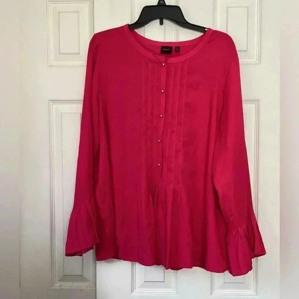 NWT Rafaella Red Pleated Front Button Down Long Sleeve Blouse  Size 1X
